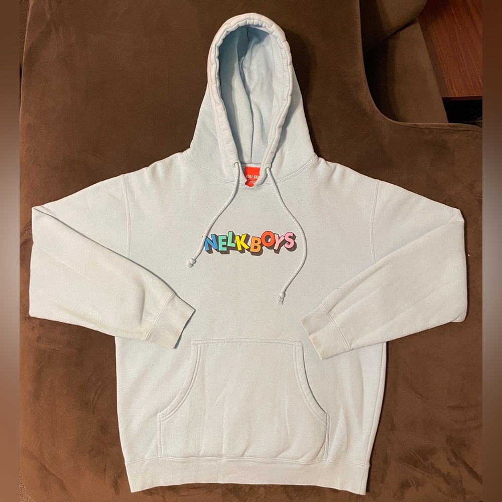 Full Send NELKBOYS May 2021 Drop Light Blue Letter Spellout Puff Logo Hoodie M